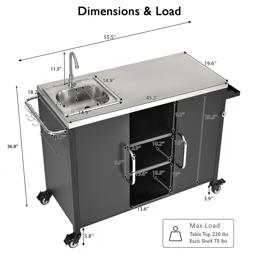 K&K 55.5" Outdoor Kitchen Island with Sink