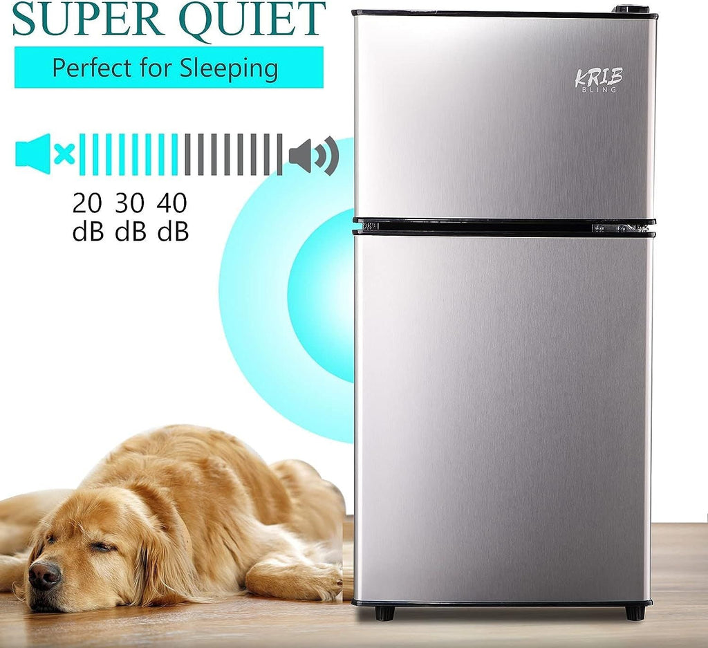 KRIB BLING 3.5Cu.Ft Compact Refrigerator Mini Fridge with Freezer, Small Refrigerator with 2 Door, 7 Level Thermostat Removable Shelves for Kitchen, Dorm, Apartment, Bar, Office, Silver/Black/Blue